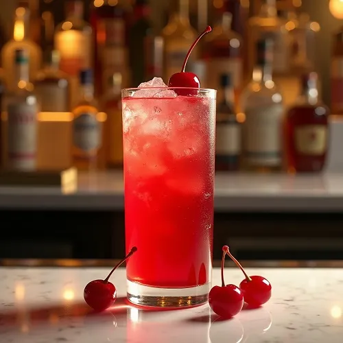 Vibrant Shirley Temple mocktail with grenadine, ginger ale, and cherry in a highball glass.